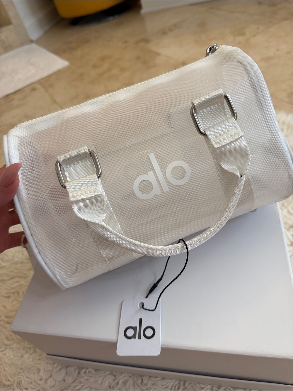 ALO Yoga White Clear Mini Duffle Bag with Silver Hardware